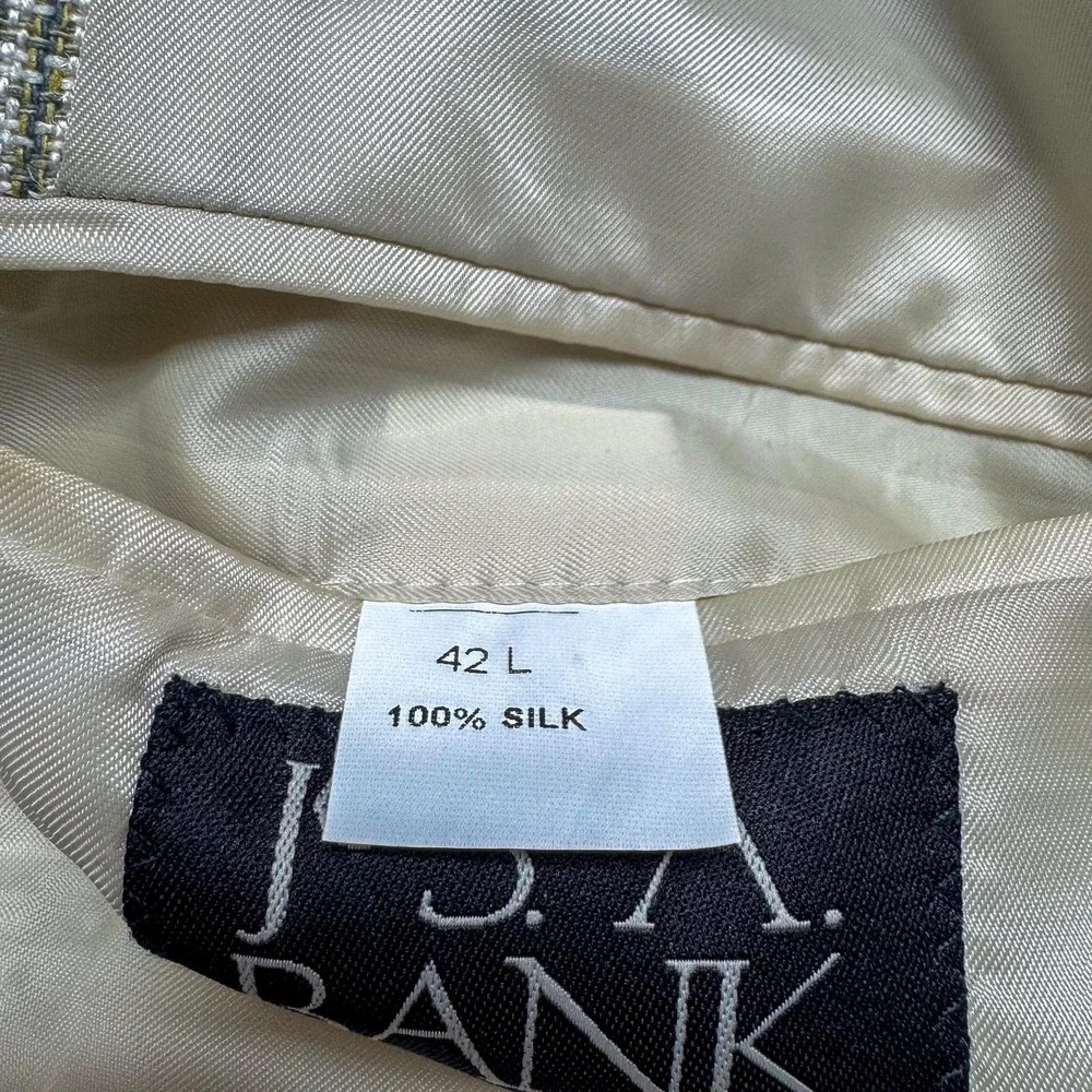 Jos A Bank Blazer Mens 42 Long Tan Tweed Check 100%‎ Silk Sport Coat Jacket Work